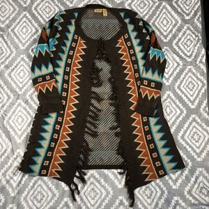 Wrangler Retro Fringe Cardigan Medium Western Aztec Blanket Knit Shawl Poncho‎
